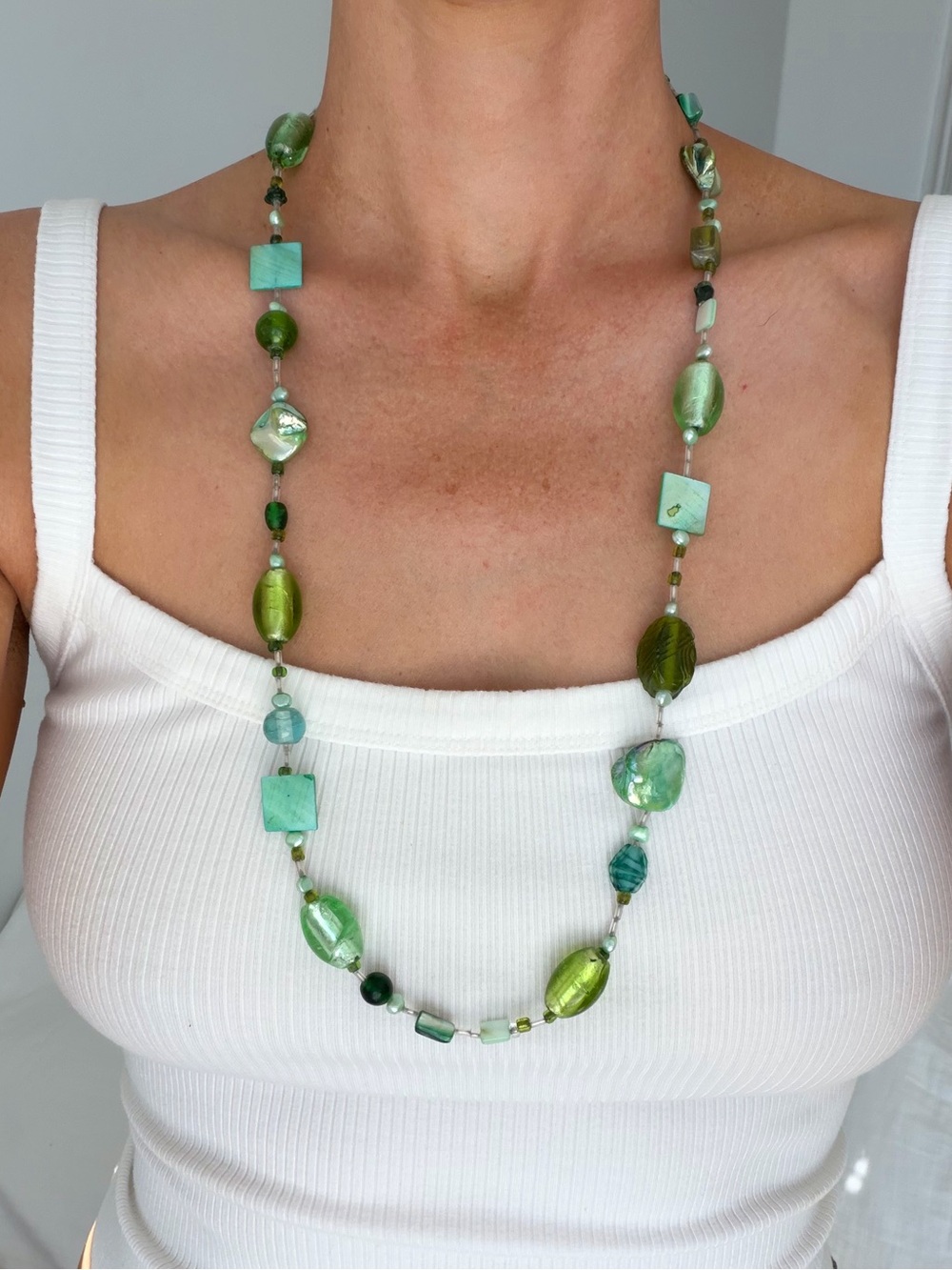Long Green Abalone Shell Beaded Necklace